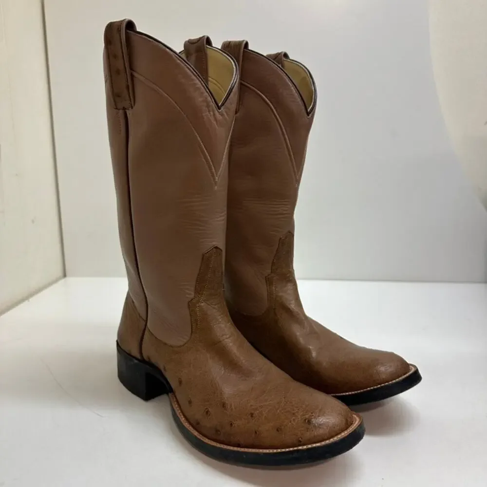 EXCELLENT Rios of Mercedes Brown Full Quill Ostrich Roper Exotic Boot 7.5 Narrow